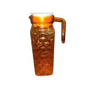 Juice Pitcher Orange Beveled Star Pattern Glass Tall Square Vintage Look